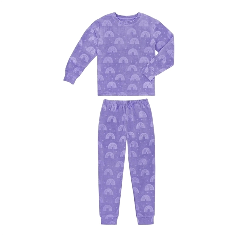 Members Mark Girls Lilac Purple Pastel Rainbow Plush Fleece Pajama Set - XS 4/5